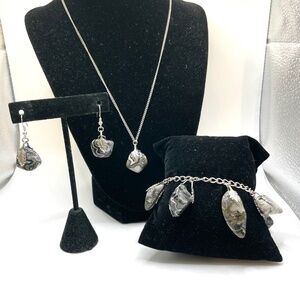 Vintage Agate Nugget Sterling Stone Necklace Bracelet Pierced Earrings Set